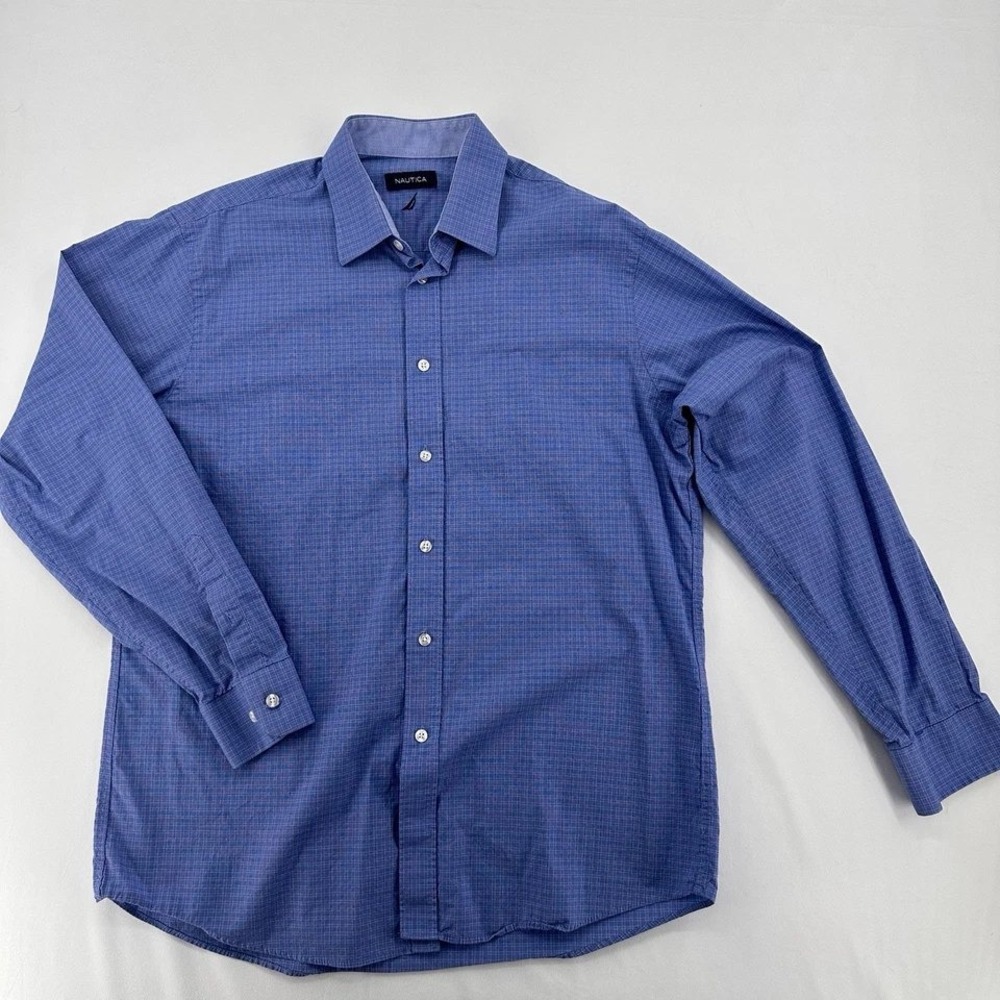 Nautica Mens Blue Micro Check Button Down Shirt Large Business Casual Preppy - Picture 2 of 8